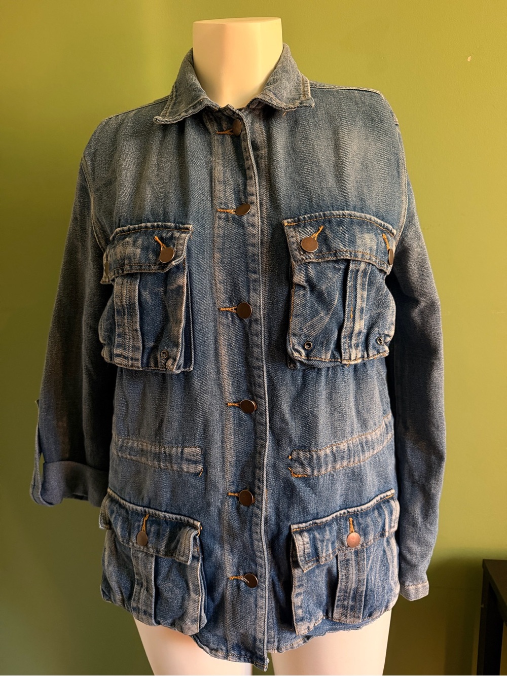 36 Point 5 Utility Safari Casual Blue Denim Multi-Pocket Jean Jacket